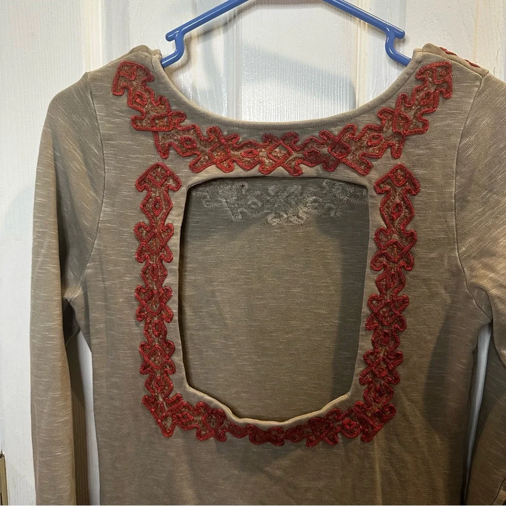 Free People Dress Beige Coral Embroidered Back‎ Cutout Med Knee Length